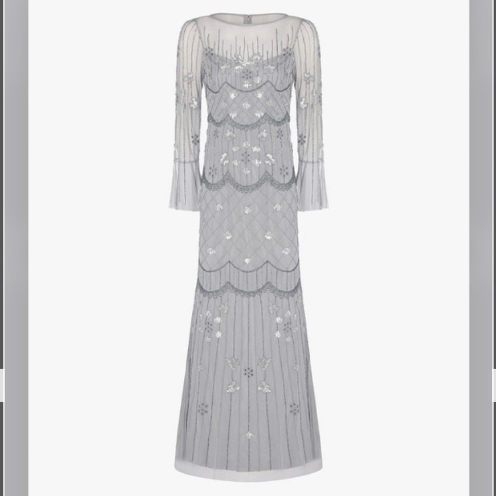 Adrianna Papell Bell Sleeve Illusion Beaded Mesh Covered Gown in Silver Mist 16 - Picture 6 of 7